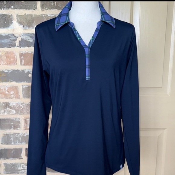 Lady Hagen Navy Blue Clubhouse Long Sleeve Polo Plaid Johnny Collar Sz M - Picture 11 of 11